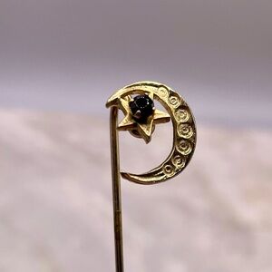 Gold Tone Crescent Moon and Rhinestone Star Brooch Stick Pin